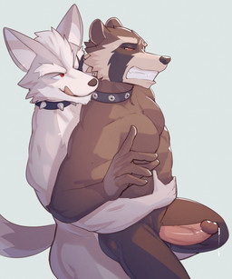 anthro bodily_fluids brown_body brown_fur clenched_teeth collar collar_only duo erection eye_patch eyewear fur genital_fluids genitals grey_body grey_fur hug humanoid_genitalia humanoid_penis looking_at_another looking_at_partner male male/male muscular muscular_anthro muscular_male nude penis pink_penis simple_background teeth jrjresq guardians_of_the_galaxy marvel nintendo star_fox rocket_raccoon wolf_o'donnell canid canine canis mammal procyonid raccoon wolf 2022 crossover hi_res