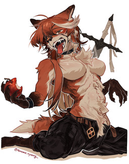 anthro apple bottomwear breasts clothed clothing eye_patch eyewear featureless_breasts female food fruit fur hair medium_breasts melee_weapon open_bottomwear open_clothing open_pants orange_body orange_fur orange_hair pants plant simple_background solo sword teeth teeth_showing tongue tongue_out topless weapon white_background noname_myeong jeanne_(noname_myeong) canid canine fox mammal absurd_res hi_res