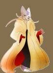 anthro claws clothing costume dress female feral fur_coat grin mature_anthro mature_female pokemon_costume simple_background smile solo teeth villainous whiskers kitsunekotaro disney nintendo pokemon fan_character shoa_mien generation_1_pokemon generation_5_pokemon mienshao ninetales pokemon_(species)