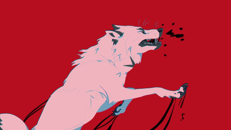 ambiguous_gender cheek_tuft claws ears_back eyes_closed facial_tuft fangs feral fur grey_claws grey_pawpads grey_teeth grey_tongue leg_tuft neck_tuft open_mouth pawpads pivoted_ears red_background side_view simple_background solo teeth tongue tuft unsigned white_body white_fur justkiddinb canid mammal 16:9 hi_res widescreen