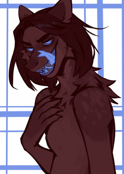 anthro blue_eyes blue_tongue breasts brown_body brown_fur brown_hair cheek_tuft ears_back evil_grin eyelashes facial_tuft fangs featureless_breasts female forked_tongue fur glistening glistening_hair grey_sclera grey_teeth hair licking licking_lips licking_own_lips looking_at_viewer narrowed_eyes nude open_mouth open_smile pivoted_ears self_lick simple_background small_breasts smile solo teeth tongue tongue_out tuft unsigned corzh77 species_request half-length_portrait hi_res portrait