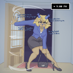 4_fingers angry anthro blazer blonde_hair blue_clothing blue_eyes blue_horn blue_lipstick bottomwear business_suit clothing dialogue door doorway eyeshadow female fingers footwear frown gem hair high_heels horn jewelry lipstick long_lashes makeup mature_anthro mature_female muttering necklace pearl_(gem) pearl_necklace pencil_skirt purse shoes skirt solo suit teeth text user_interface wrinkles selfdestructking deltarune undertale_(series) carol_holiday deer mammal new_world_deer reindeer 1:1 absurd_res english_text hi_res