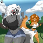 anthro big_breasts breasts cleavage clothed clothing cloud duo female grass hose huge_breasts outside plant sky yard chrisandcompany daryl_vecat kelsey_sienna domestic_cat felid feline felis mammal mephitid skunk 1:1 absurd_res hi_res