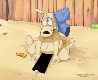 anthro belly bodily_fluids censor_bar clothed clothing cum cum_on_belly cum_on_body cum_on_chest cum_on_face cum_on_hand genital_fluids kneeling male nude overweight overweight_male physical_censor_bar smile solo swimming_trunks swimwear tail text spunker nickelodeon rocko's_modern_life rocko_rama macropod mammal marsupial wallaby 2023 better_version_at_paywall digital_media_(artwork) url