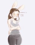 anthro bite biting_lip biting_own_lip blood bodily_fluids breasts brown_hair clothed clothing crossed_arms female hair monotone_background self_bite shirt simple_background solo standing tank_top tense topwear white_background yellow_eyes alasou alissa_(alasou) lagomorph leporid mammal rabbit 2020 digital_media_(artwork) hi_res