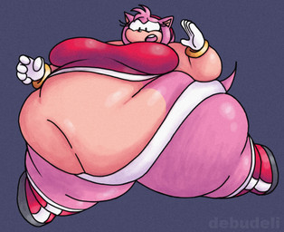 accessory anthro belly belly_overhang big_belly big_breasts black_eyes black_nose blue_background bracelet breasts clothing dress eyelashes female footwear gloves gold_(metal) gold_bracelet gold_jewelry hair hair_accessory hairband handwear huge_belly huge_breasts huge_thighs hyper hyper_belly hyper_thighs jewelry morbidly_obese morbidly_obese_anthro morbidly_obese_female multicolored_body navel obese obese_anthro obese_female open_mouth overweight overweight_anthro overweight_female panties pink_body pink_ears pink_hair pink_mouth pink_tail red_clothing red_dress red_footwear red_hairband red_shoes scut_tail shoes short_tail simple_background solo tail tan_body tan_inner_ear teeth text thick_thighs three-quarter_view tight_clothing two_tone_body underwear white_clothing white_gloves white_handwear white_panties white_underwear debudeli sega sonic_the_hedgehog_(series) amy_rose eulipotyphlan hedgehog mammal 2026 absurd_res artist_name colored digital_media_(artwork) hi_res shaded