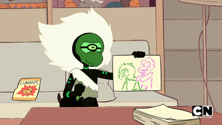 1_eye beak chips_(food) crayon eyes_closed female food hair male not_furry paper screencap smile solo suggestive white_hair third-party_edit cartoon_network steven_universe centipeetle steven_quartz_universe alien alien_humanoid animal_humanoid arthropod arthropod_humanoid corrupted_gem gem_(species) humanoid insect insect_humanoid monster monstrous_humanoid nephrite_(gem_species)