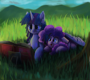book cloud duo female feral grass horn mountain plant reading tree wings yenne_sistint friendship_is_magic hasbro my_little_pony mythology pinkie_pie_(mlp) twilight_sparkle_(mlp) earth_pony equid equine horse mammal mythological_creature mythological_equine pony winged_unicorn absurd_res hi_res