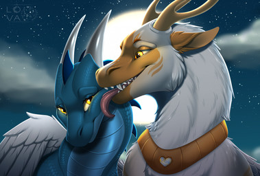 antlers cloud duo face_lick feral fur horn jewelry licking necklace open_mouth open_smile sky smile star tongue tongue_out wings blackbatwolf mythology dragon furred_dragon furred_scalie mythological_creature mythological_scalie scalie hi_res