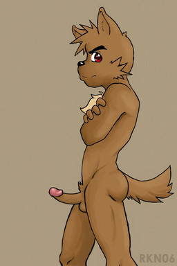 anthro athletic athletic_male balls black_eyebrows black_nose brown_background brown_balls brown_body brown_fur brown_penis brown_tail butt chest_tuft crossed_arms erection eyebrows fur genitals glans looking_at_viewer male penis pink_glans pubes realistic_penis_size red_eyes side_view simple_background solo tail thick_eyebrows tuft rakuun canid canine humanoid mammal 2006 portrait signature three-quarter_portrait