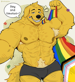 anthro armpit_hair barazoku biceps black_nose body_hair bulge clothed clothing dialogue lgbt_pride looking_at_viewer male muscular muscular_male nipples pecs pride_color_flag showing_teeth solo speech_bubble text topless underwear ruffusbleu bird_dog canid canine canis domestic_dog golden_retriever hunting_dog mammal retriever english_text hi_res