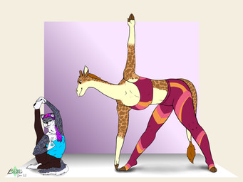 anthro arm_pit big_butt biped black_body black_fur black_nose black_spots blep blue_clothing blue_eyes blue_shirt blue_spots blue_topwear bottomwear breast_size_difference breasts brown_body brown_eyes brown_fur brown_hair brown_spots brown_spotted_fur butt butt_size_difference cheek_tuft claws clothed clothing duo ear_piercing ear_ring ear_tuft facial_tuft feet female fingers fluffy fluffy_tail foot_grab fur gesture grey_body grey_fur hair hand_gesture happy highlights_(coloring) hoof_hands hooved_plantigrade hooved_toes hooves horn inner_ear_fluff legwear long_neck looking_at_another lowered_arm markings multicolored_body multicolored_fur neck_tuft ok_sign pants pawpads piercing pink_bottomwear pink_clothing pink_hair pink_highlights pink_topwear plantigrade plantigrade_pawpads purple_bottomwear purple_clothing purple_hair purple_legwear purple_tights purple_yoga_pants raised_arm reaching_down ring_piercing shirt simple_background size_difference small_breasts smile spaghetti_strap spandex spandex_clothing spandex_legwear spots spotted_body spotted_fur spotted_markings standing stretching supporting tail tail_tuft thick_thighs tied_hair tight_bra tight_clothing tights tongue tongue_out topwear tuft two_tone_body two_tone_fur whiskers white_body white_fur white_inner_ear_fluff white_whiskers yoga yoga_pants yoga_top bbear deka_(bbear) tsakhia_saragerel_(bbear) felid giraffe giraffid mammal pantherine snow_leopard 2026 4:3 absurd_res dated digital_drawing_(artwork) digital_media_(artwork) flat_colors hi_res signature