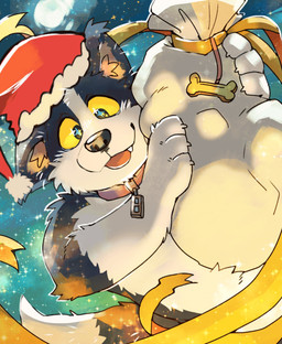 black_nose christmas_clothing christmas_headwear clothing collar cosmic_background fur hat headgear headwear holidays multicolored_body multicolored_fur santa_hat starry_background starry_eyes two_tone_body two_tone_fur white_body white_fur yellow_sclera ginnosuke christmas canid canine canis domestic_dog mammal 2025 absurd_res colored hi_res
