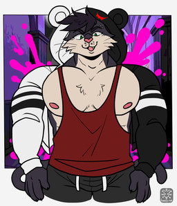 anthro areola athletic biceps big_chest big_muscles black_body black_claws black_fur black_hair blood bodily_fluids bottomwear chest_tuft claws clothed clothing cocky cocky_smile colored_blood eyebrow_piercing facial_piercing fangs fingers football_player fur green_eyes grey_bottomwear grey_clothing grey_pants hair hoodie huge_muscles jock larger_male looking_at_viewer looking_down looking_down_at_viewer male male_anthro muscular muscular_anthro muscular_male nipples open_mouth pants pecs piercing pink_blood raised_clothing raised_hoodie raised_topwear red_clothing red_shirt red_tank_top red_topwear shirt size_difference smile smug smug_expression smug_face smug_grin solo standing sweatpants tail tank_top teeth text topwear tuft unusual_blood unusual_bodily_fluids whiskers coolyiffer danganronpa spike_chunsoft kotarocat monokuma domestic_cat felid feline felis mammal digital_media_(artwork) english_text half-length_portrait hi_res portrait