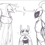 ambiguous_gender angry antennae_(anatomy) anthro bodily_fluids clothed clothing emanata glare glaring glaring_at_another group hate hooded_cloak mask nervous no_pupils raised_arms simple_background size_difference stand_off sweat sweatdrop trio white_background wings lycheespot hollow_knight team_cherry fan_character animal_humanoid arthropod arthropod_humanoid bee humanoid hymenopteran insect insect_humanoid 1:1 english_description monochrome