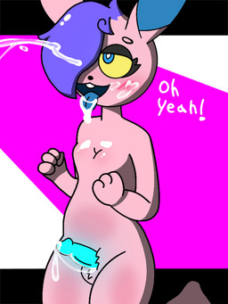 blue_eyes blue_penis bodily_fluids cum cum_on_face femboy fur genital_fluids genitals nude orange_sclera penis pink_body pink_fur solo candi_barr_artist candi_barr