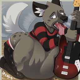 abdominal_bulge belly big_belly bodily_fluids breath clothed clothing electric_guitar guitar huge_belly male musical_instrument oral_vore panting plucked_string_instrument prey_imprint prey_outline raised_clothing raised_shirt raised_topwear rumbling_stomach saliva saliva_on_tongue saliva_string same_size_vore shirt solo string_instrument tail tail_motion tailwag thick_tongue tongue tongue_out topwear vore arkailart aggretsuko sanrio haida_(aggretsuko) hyena mammal 1:1 absurd_res hi_res