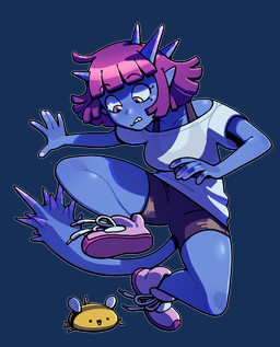 ambiguous_gender bangs blunt_bangs bottomwear bra breasts clothing duo female feral footwear insect_wings shirt shoes shorts sneakers sports_bra tail tank_top toony topwear underwear wings discount-supervillain spiked_demon_girl_(discount-supervillain) arthropod bee demon demon_humanoid humanoid hymenopteran insect full-length_portrait hi_res portrait