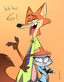 anthro black_outline blue_clothing blue_shirt blue_topwear clothed clothing dialogue duo female front_view gesture green_clothing green_eyes green_shirt green_topwear hand_gesture larger_male looking_at_viewer male necktie outline pointing purple_eyes shirt size_difference smaller_female text toony topwear birchly disney zootopia judy_hopps nick_wilde american_red_fox canid canine fox lagomorph leporid mammal rabbit red_fox true_fox 2022 english_text hi_res