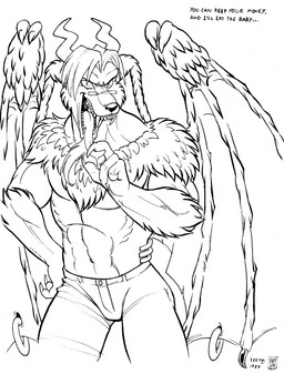 abs angry black_eyes black_nose bottomwear claws clothed clothing ellipsis eyebrows eyewear fangs fur glasses hair horn long_hair male navel open_mouth pants partially_clothed pince-nez rectangular_glasses simple_background small_glasses solo teeth text tongue tongue_out white_background wings max_blackrabbit demon 2009 black_and_white digital_media_(artwork) english_text monochrome signature