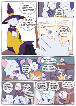 anthro biped book cape claws clothing dialogue eating_object hat headgear headwear holding_stomach hoodie magic_item male notes paws speech_bubble text thought_bubble topwear wizard_hat yellow_eyes martindosent lionel_(martindosent) lynn_(martindosent) domestic_cat felid feline felis mammal mouse murid murine rodent 2025 absurd_res clip_studio_paint_(artwork) comic digital_media_(artwork) english_text hi_res