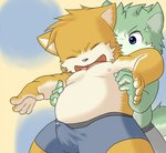 anthro belly black_nose bulge clothed clothing cute_fangs duo erection erection_under_clothing eyes_closed fangs fur green_body green_fur humanoid_hands kemono male male/male moobs nipples overweight overweight_male slightly_chubby teeth underwear young young_anthro mitei mti777 canid canine canis domestic_dog mammal 2009