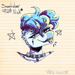 anthro biped blue_body blue_hair chain eyebrow_piercing facial_piercing facial_tattoo forked_tongue front_view grey_eyes hair looking_at_viewer male open_mouth pattern_background piercing sharp_teeth short_hair simple_background solo star striped_background tattoo teeth text tongue tongue_out tongue_piercing by:_muun goodbye_volcano_high ko_op_(game_developer) nick_(gvh) baryonyx dinosaur prehistoric_species reptile saurischian scalie spinosaurid theropod 1:1 2025 absurd_res artist_name character_name colored headshot_portrait hi_res portrait shaded