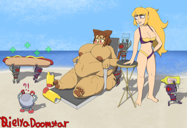 anthro beach beverage big_breasts bikini blush boots breasts brown_hair clothing feet female food footwear fur giant_food group hair hot_dog hug huge_breasts lipstick makeup mustard nude obese outside overweight pawpads paws plus_sign seaside shoes sitting standing swimwear tan_body tan_fur two-piece_swimsuit water whiskers dielya_doomstar gameoverse glitch_productions floaties_(gameoverse) kaboodle_(gameoverse) kit_bodega miss_information domestic_cat felid feline felis human mammal absurd_res hi_res