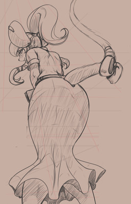 accessory anthro blush bottomwear butt clothed clothing collared_shirt dress_shirt ear_piercing eyebrows eyelashes female furgonomics hair hair_accessory hair_tie holding_object low-angle_view piercing ponytail rear_view ribbons shirt skirt solo tail tail_accessory tail_ribbon tied_hair topwear alcorart conditional_dnp mammal mouse murid murine rodent 2026 absurd_res digital_media_(artwork) hi_res sketch