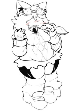 anthro blush blush_lines bottomwear claws clothing collar cute_fangs ear_tuft eyewear fangs female fish_tail fluffy fluffy_hair footwear goggles hair loose_socks necktie pointy_ears prick_ears shoes skirt slightly_chubby solo sweater teeth topwear tuft zmiffster hi_res line_art