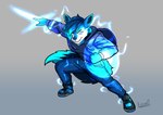 absurd_res alexander_thunderwolfe_(chrislshack1998) anthro attack_pose blue_body blue_bottomwear blue_clothing blue_footwear blue_fur blue_hair blue_highlights blue_hoodie blue_jeans blue_nose blue_pants blue_shoes blue_topwear bottomwear canid canine canis clothing denim denim_bottomwear denim_clothing electricity electricity_manipulation elemental_manipulation energy_shield energy_sword fighting_pose footwear fur glowing glowing_eyes hair hi_res highlights_(coloring) hoodie jeans kevintrentin male mammal melee_weapon navy_shirt pants pose shoes sword topwear weapon wolf