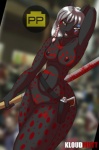 anthro black_body black_fur black_nipples blood bodily_fluids breasts dutch_angle female fur genitals gun handgun holster looking_at_viewer nipples nude open_mouth pistol pussy ranged_weapon smile solo weapon kloudmutt capcom dead_rising canid canine mammal 2009 digital_media_(artwork) hi_res