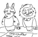 anthro black_and_white cliff_(weaver) disney doll duo fan_character felid half-closed_eyes lion male mammal monochrome narrowed_eyes neil_(weaver) pack_street pantherine sign simple_background smug text the_weaver tiger zootopia