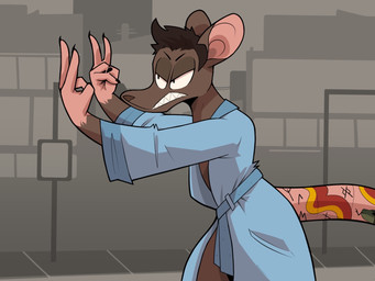 anthro bathrobe black_hair brown_body brown_fur clothing fur hair half-closed_eyes male narrowed_eyes pink_body pink_skin robe sharp_teeth solo tail_tattoo tattoo teeth juicyghost steel_ankh mammal murid murine rat rodent 4:3 hi_res