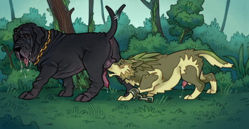 animal_genitalia animal_penis anus ball_sniffing balls balls_on_face black_body black_fur bodily_fluids butt canine_genitalia canine_penis chain chain_leash cum cum_drip cum_on_penis dewlap_(anatomy) digitigrade dripping duo erection eyes_closed feet fellatio feral feral_on_feral floppy_ears forest fur genital_fluids genitals gold_(metal) gold_chain gold_jewelry grass imminent_sex jewelry knot knotted_penis larger_feral larger_male leaking_precum leash looking_at_another looking_at_partner looking_back male male/male multicolored_body oral outside outside_sex penile penis plant precum precum_drip presenting presenting_anus presenting_balls presenting_hindquarters presenting_penis quadruped saliva saliva_on_tongue saliva_string sex size_difference smaller_feral smaller_male sniffing tail tail_motion tailwag tree wrinkled_feet wrinkles fernsigillum nintendo the_legend_of_zelda link_(wolf_form) rex_(kingmastiff30) canid canine canis domestic_dog mammal mastiff molosser neapolitan_mastiff wolf hi_res