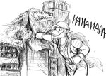 2023 anthro armor black_and_white building building_destruction canid canine canis destruction english_text eyewear female goggles hard_hat headgear helmet hi_res hladilnik kaiju_lady_(hladilnik) laugh macro mammal monochrome punch solo text