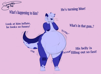 anthro belly belly_expansion belly_inflation big_belly blue_body blue_fur blueberry_inflation chewing chewing_gum dialogue expansion eyes_closed featureless_crotch fur hand_on_cheek huge_belly inflation male motion_lines navel offscreen_character onomatopoeia smile solo sound_effects standing swelling text three-quarter_view youeversheep mammal mustelid otter 2026 dated english_text hi_res signature