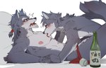 accessory age_difference alcohol anthro asian_clothing beverage black_nose blush bottomwear bulge chest_lick clothing duo east_asian_clothing fangs fluffy fluffy_tail fundoshi fur genitals grey_body grey_fur hair_accessory historical japanese_clothing kemono male male/male multicolored_body multicolored_fur nipples pecs penis pink_nipples pointy_ears red_eyes simple_background tail teeth tongue tongue_out two_tone_body two_tone_fur underwear young_adult lokey yekol_i canid canine canis mammal wolf hi_res adopted_(lore) adopted_son_(lore) father_(lore) father_and_child_(lore) father_and_son_(lore) parent_(lore) parent_and_child_(lore) parent_and_son_(lore) son_(lore)