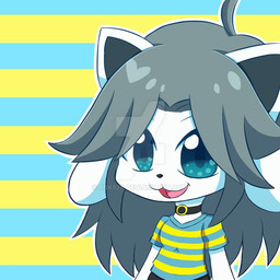 anthro breasts clothed clothing collar female grey_hair hair open_mouth pattern_background pattern_clothing pattern_shirt pattern_topwear shirt simple_background smile solo striped_background striped_clothing striped_shirt striped_topwear stripes topwear white_body rbkiut undertale undertale_(series) temmie_(undertale) mammal tem 1:1 source_request unavailable_at_source watermark