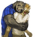 anthro bottomwear brown_body brown_fur clothing duo eyes_closed eyewear fur glasses hug hugging_another hugging_from_behind kemono male male/male overweight overweight_male pants shirt simple_background topwear white_background kita_9999 love_mechanic ena_(lm) tom_(lm) bear hyena mammal spotted_hyena 2013 hi_res