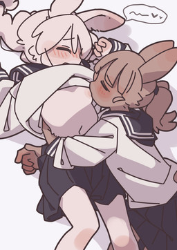 anthro asian_clothing blush blush_lines braided_hair braided_ponytail breast_play breast_suck breasts brown_body brown_fur clothed clothing duo east_asian_clothing female female/female fur grey_background hair japanese_clothing japanese_school_uniform looking_pleasured moan navel nipple_fetish nipple_play nipple_suck ponytail raised_clothing raised_shirt raised_topwear school_uniform serafuku shirt simple_background small_breasts sucking topwear uniform white_body white_fur yagi_the_goat lagomorph leporid mammal rabbit digital_drawing_(artwork) digital_media_(artwork) hi_res