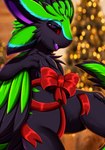 alternate_species anthro bedroom_eyes black_body black_fur blue_body blue_fur blurred_background bow_ribbon christmas_decorations christmas_tree female fur green_body green_fur holidays multicolored_body multicolored_fur narrowed_eyes open_mouth plant red_eyes seductive solo tree pridark christmas einomi avali avian 2022 absurd_res digital_media_(artwork) hi_res