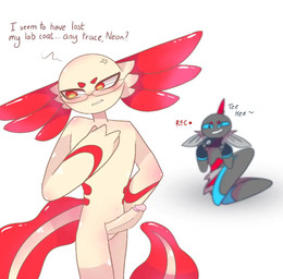 blue_eyes cross-popping_vein duo electronics eyewear glasses grey_body male male/male phone pink_body recording recording_video solo_focus text wearing_glasses someone_fishy third-party_edit amphibian aquatic axolotl fish humanoid mole_salamander salamander english_text