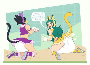 big_diaper blush boots bottomwear clothed clothing crop_top crossdressing dialogue diaper duo electronics female footwear for_a_head full_diaper gloves handwear headphones huge_diaper implied_messy_diaper kneeling male markings paw_gloves pooping raised_tail sand shirt shoes skirt speech_bubble tail text topwear bubblepuppers my_hero_academia fumikage_tokoyami shiretoko_tomoko animal_head animal_humanoid avian avian_humanoid felid felid_humanoid feline feline_humanoid human humanoid mammal mammal_humanoid english_text hi_res