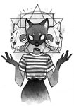 3_heads anthro bone clothed clothing decapitation fangs female floating_head fully_clothed multi_head pattern_clothing pattern_shirt pattern_topwear severed_body_part severed_head shirt shirt_tucked_in skull solo striped_clothing striped_shirt striped_topwear stripes t-shirt teeth topwear feefal domestic_cat felid feline felis mammal hi_res monochrome