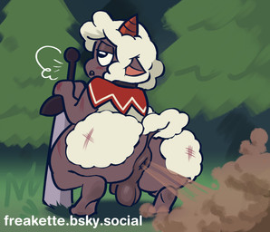 2_horns anthro anus balls big_anus big_butt black_eyes blush blush_lines breath brown_fart_cloud brown_horn butt capelet capelet_only clothing crouching evergreen_tree fart fart_cloud flaccid fur genitals grass grey_anus grey_balls grey_body grey_ears grey_penis grey_skin half-closed_eyes holding_melee_weapon holding_object holding_sword holding_weapon horn huge_butt male male_anthro male_farting melee_weapon mostly_nude mostly_nude_anthro mostly_nude_male narrowed_eyes nature open_mouth outside penis pine_tree plant red_capelet red_clothing scratches short_horn small_horn solo sword tail teeth text tree weapon white_body white_fur white_tail wool_(fur) freakette cult_of_the_lamb massive_monster_(studio) lamb_(cult_of_the_lamb) bovid caprine domestic_sheep mammal sheep 2025 hi_res url