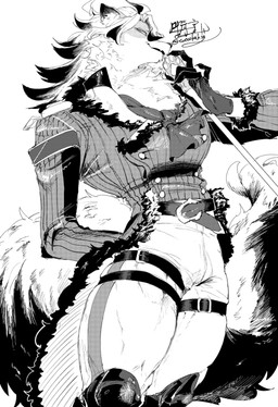 anthro bottomwear clothing eyewear fancy_clothing fluffy fluffy_tail fur hair holding_scepter kerchief leg_belt male neckerchief neckwear scepter solo tail topwear tuttakaking compass_(combat_providence_analysis_system) charles_richter_(compass) canid canine canis mammal wolf 2026 absurd_res hi_res monochrome
