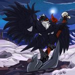 1:1 2019 4_toes absurd_res anthro anthrofied beak big_muscles black_body black_fur bone cawaden chest_tuft cloud corviknight feet fierglief fur generation_8_pokemon glowing glowing_eyes hi_res holding_object huge_muscles looking_at_viewer male mountain muscular muscular_anthro muscular_male nintendo nude odd-shaped_blade pokemon pokemon_(species) scarf skull sky snow solo standing star starry_sky sun toes tuft weapon wings yellow_eyes