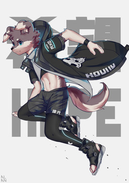 anthro biped bottomwear bulge cjk_character clothed clothed_anthro clothed_male clothing coat crop_top cyberpunk floppy_ears flowing_clothing folded_ears footwear fur head_tuft jumping kemono leggings legwear male male_anthro midriff navel pawpads plantigrade plantigrade_pawpads print_clothing shirt shorts side_view simple_background solo streetwear tail techwear text toeless_footwear topwear tuft wristband alanisawolf777 canid canine canis domestic_dog mammal 2020 absurd_res digital_media_(artwork) hi_res
