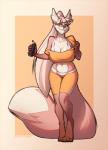 5_fingers anthro barefoot big_breasts biped blonde_hair breasts claws clothed clothing eyewear feet female fingers glasses hair hindpaw navel off_shoulder paws simple_background smile solo standing toe_claws toes yellow_eyes spefides loyse canid canine mammal 2018 digital_media_(artwork)